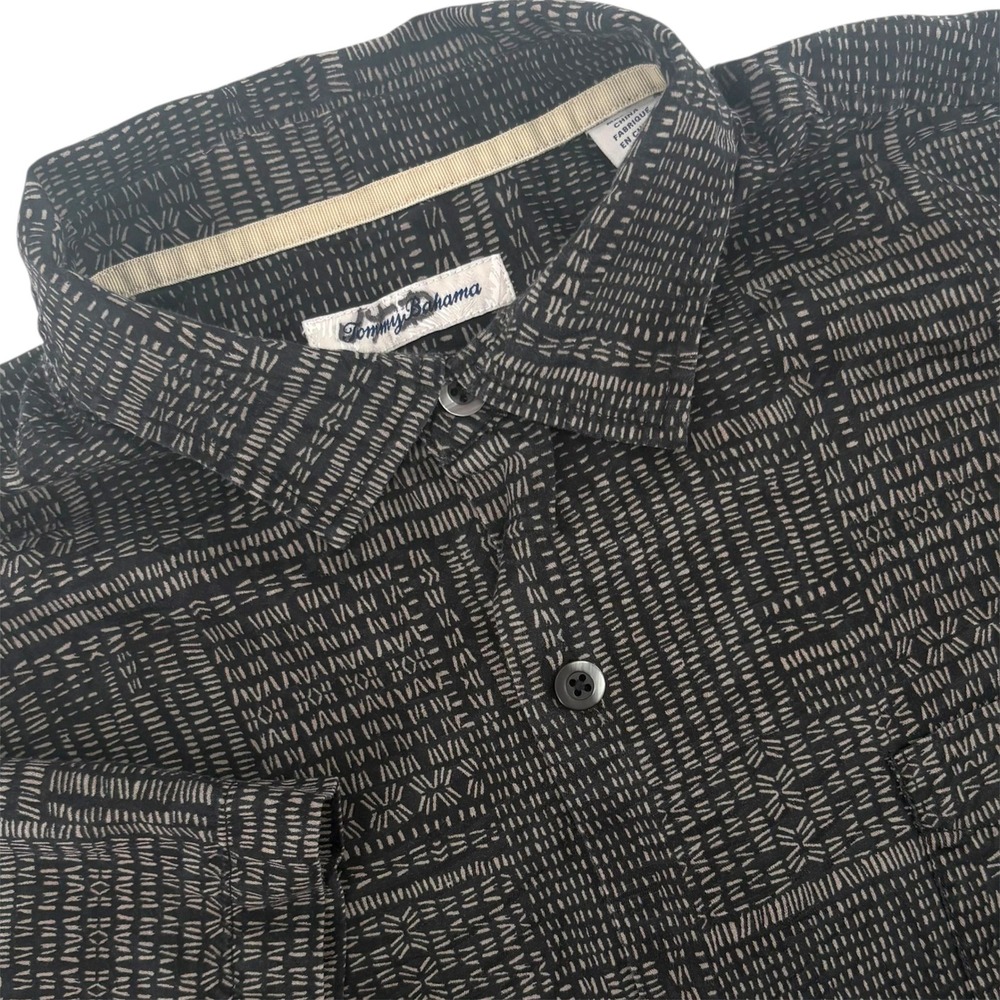 Tommy Bahama Mens XL Black Silk Cotton Geometric Dash Print Shirt T323269